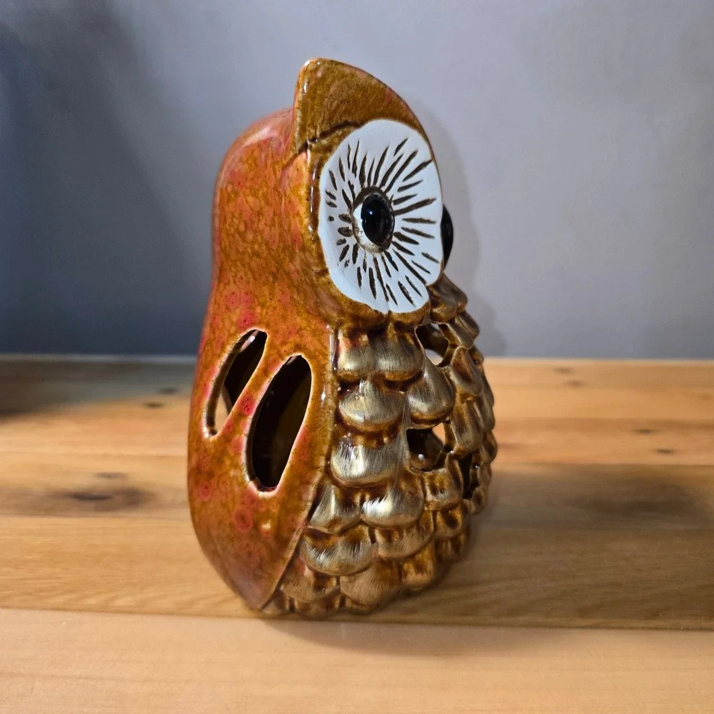 Hobby Lobby Ceramic Owl Candle Holder Brown Gold Reactive Glaze 6.9in HL9182185